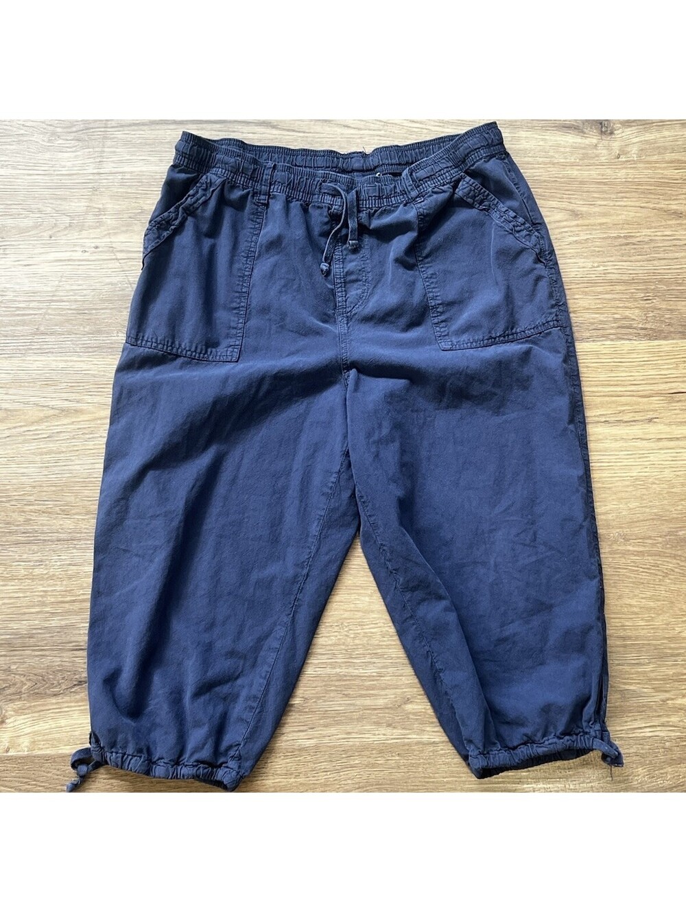 Navy Blue Elastic Waist Drawstring Capri Pants Cinched Hem - Size M